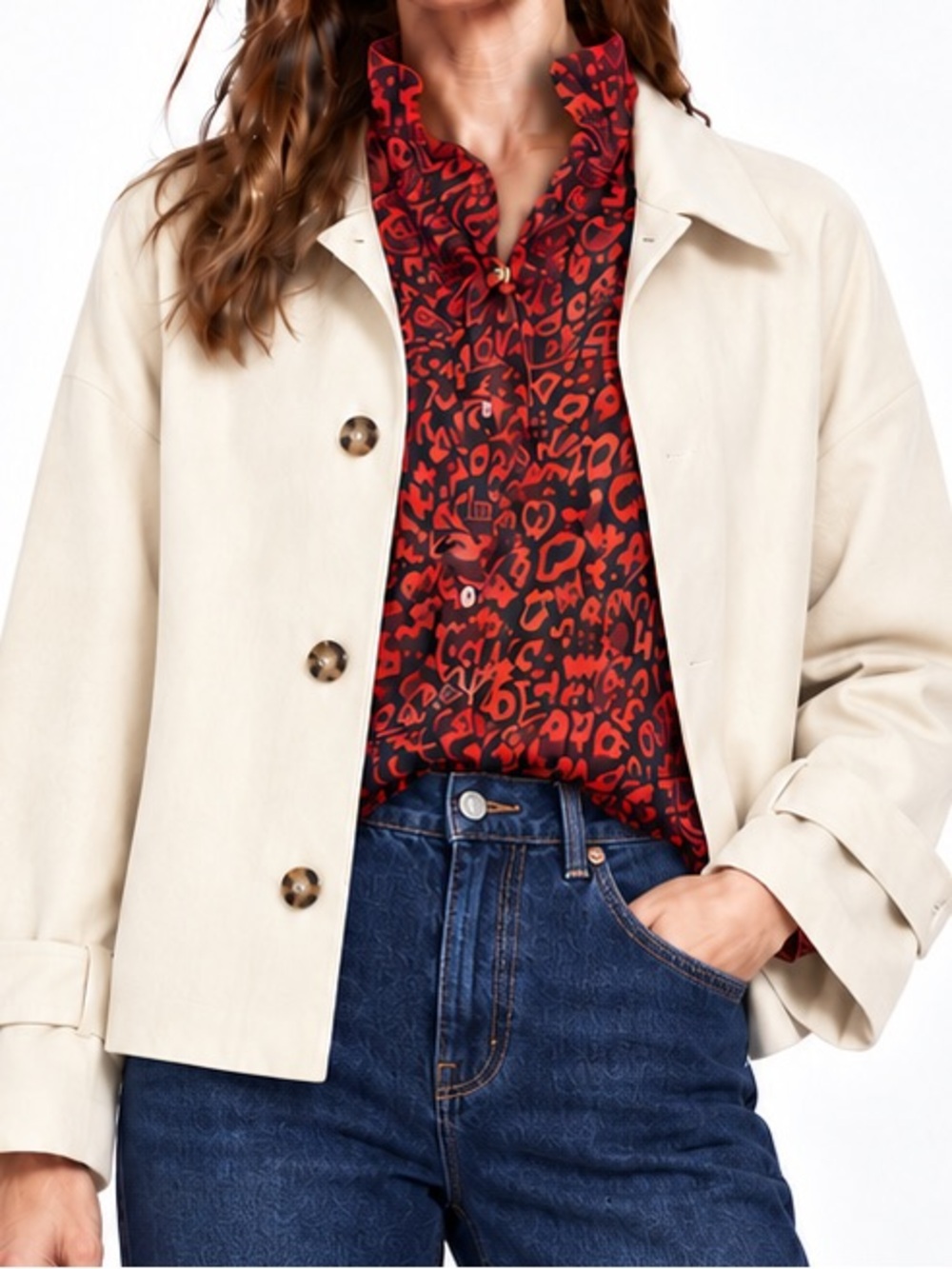 Elizabeth McKay Red Silk Leopard Animal Print Blouse with ruffled collar Size 8.